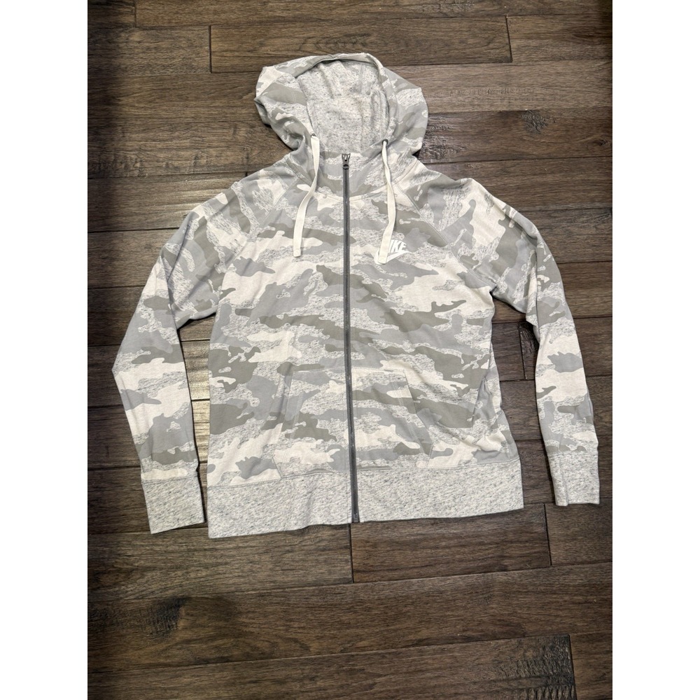 Nike‎ Full Zip Hoodie Womens L Grey Camouflage Gym Vintage AO9174-019